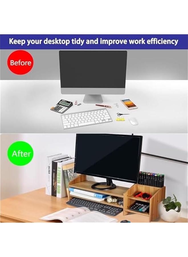 تراسل حامل شاشة من تراسل، منظم مكتب خشبي من طبقتين مع مساحة تخزين، حامل شاشة لابتوب مع حامل قلم للكمبيوتر واللاب توب والطابعة - Image 3