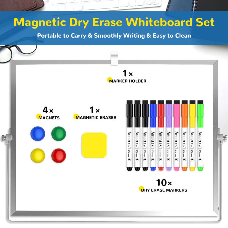 ABERLLS Dry Erase White Board, 16inX12in Large Magnetic Desktop Whiteboard with Stand, 10 Markers, 4 Magnets, 1 Eraser, Portable Double-Sided White Board Easel for Kids Memo to Do List Desk School - Image 2