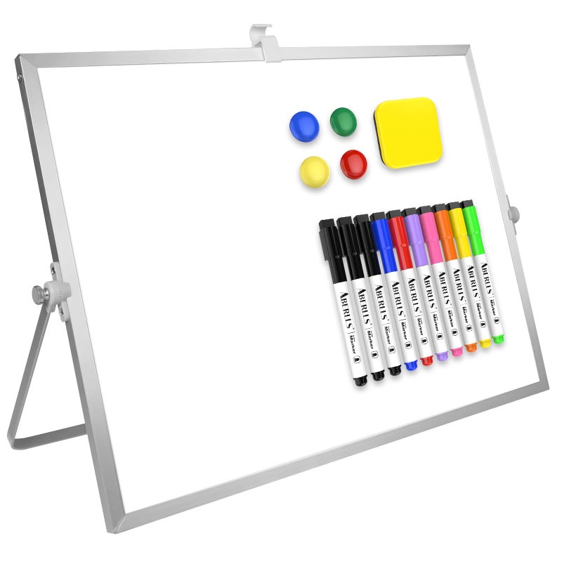 ABERLLS Dry Erase White Board, 16inX12in Large Magnetic Desktop Whiteboard with Stand, 10 Markers, 4 Magnets, 1 Eraser, Portable Double-Sided White Board Easel for Kids Memo to Do List Desk School - Image 1