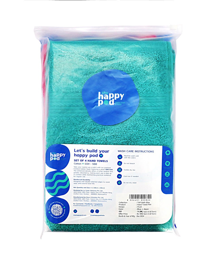 THE HAPPY POD Plush 100% Cotton Hand Towel - Pack of 4, Ultra Soft & Highly Absorbent, Quick Dry, Luxury Towels for Bathroom, Kitchen, Gym & Spa| 40 x 60 cm - 500 GSM | Blue & Aqua - Image 4