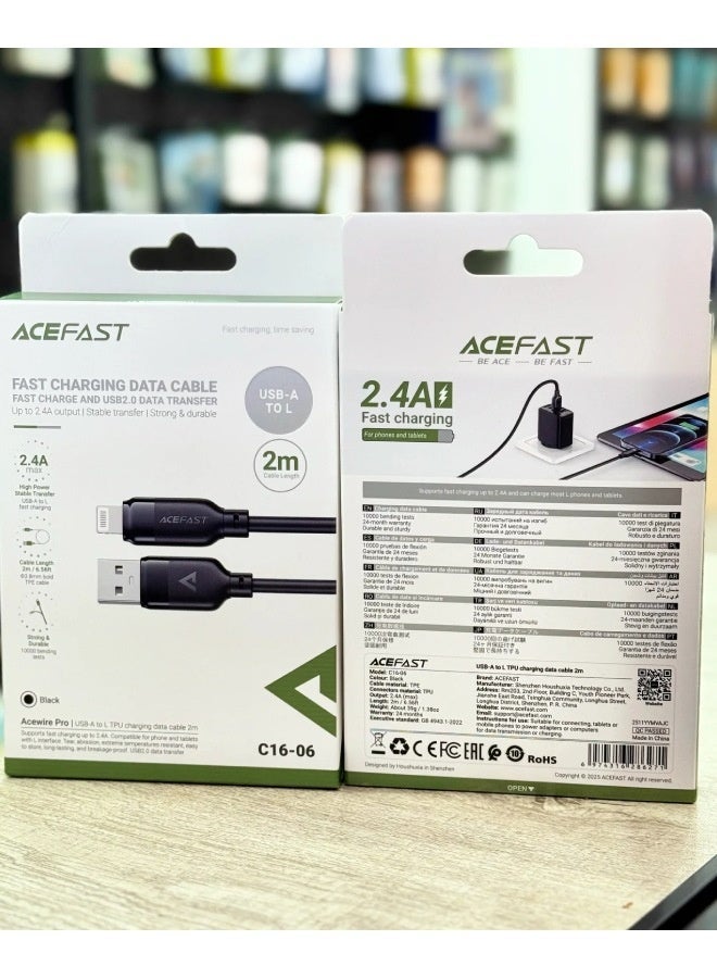 AceFast C16-06 TPU Charging Data Cable USB-A to Lightning 2M Black - Image 4