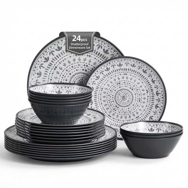 Joviton HOME 24PCS Bohemia Gray Melamine Plastic Dinnerware Sets for 8,Melamine Plates Set of 24PCS,Outdoor Plates and Bowls Sets for 8 (Gray) - Image 1