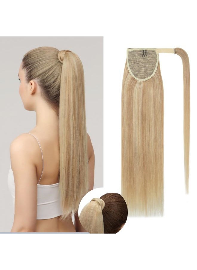 Rich Choices - Ponytail Extension Human Hair Real Hair Ponytail Ash Blonde Highlighted Bleach Blonde 18 Inch 90g One Piece Clip In Wrap Around Long Ponytail Extension Straight For Women #18P613 - Image 1