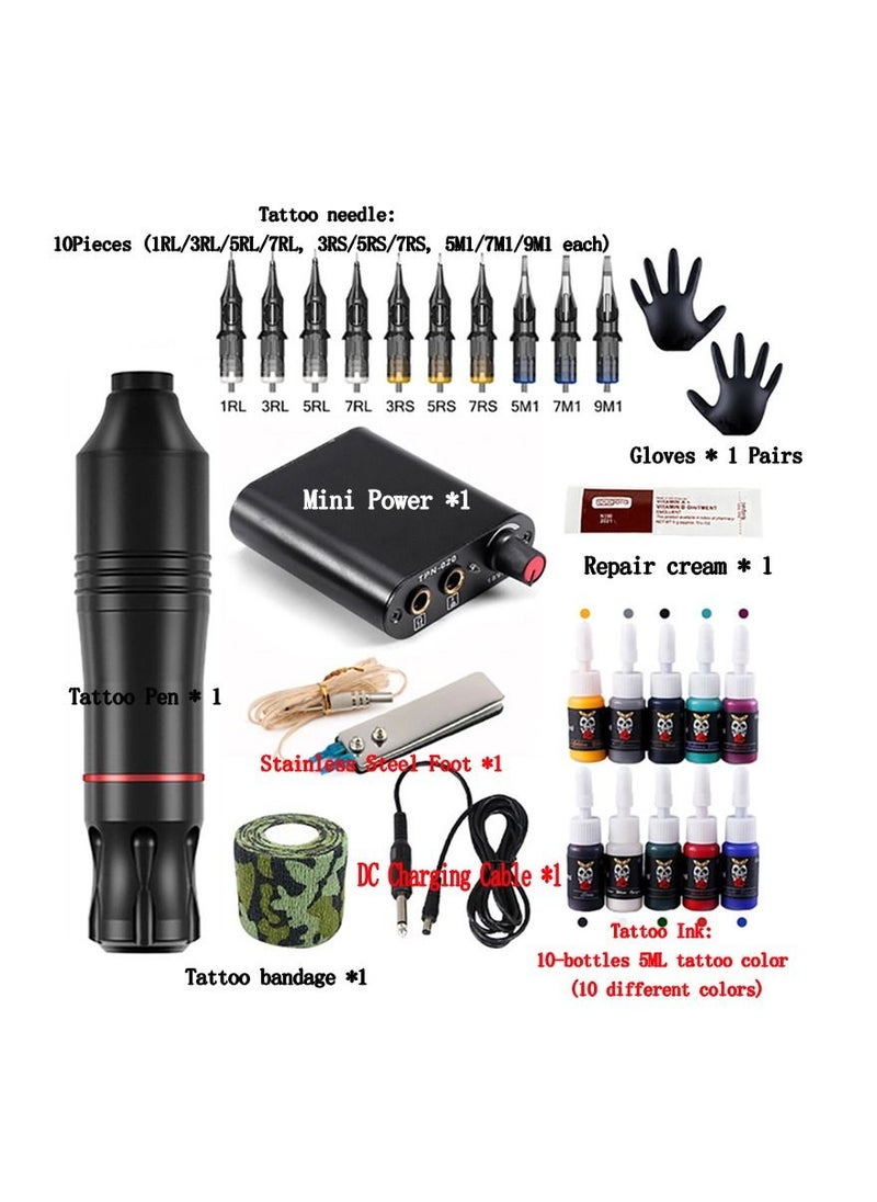 Generic - 1-Set Tattoo Kit,Tattoo Pen Rotary Tattoo Machine Tattoo Set with Tattoo Needles Bandage and Gloves and 10 Bottles Tattoo Inks,Tattoo Pen Colour Black - Image 1