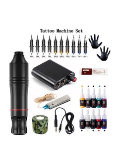 1-Set Tattoo Kit,Tattoo Pen Rotary Tattoo Machine Tattoo Set with Tattoo Needles Bandage and Gloves and 10 Bottles Tattoo Inks,Tattoo Pen Colour Black