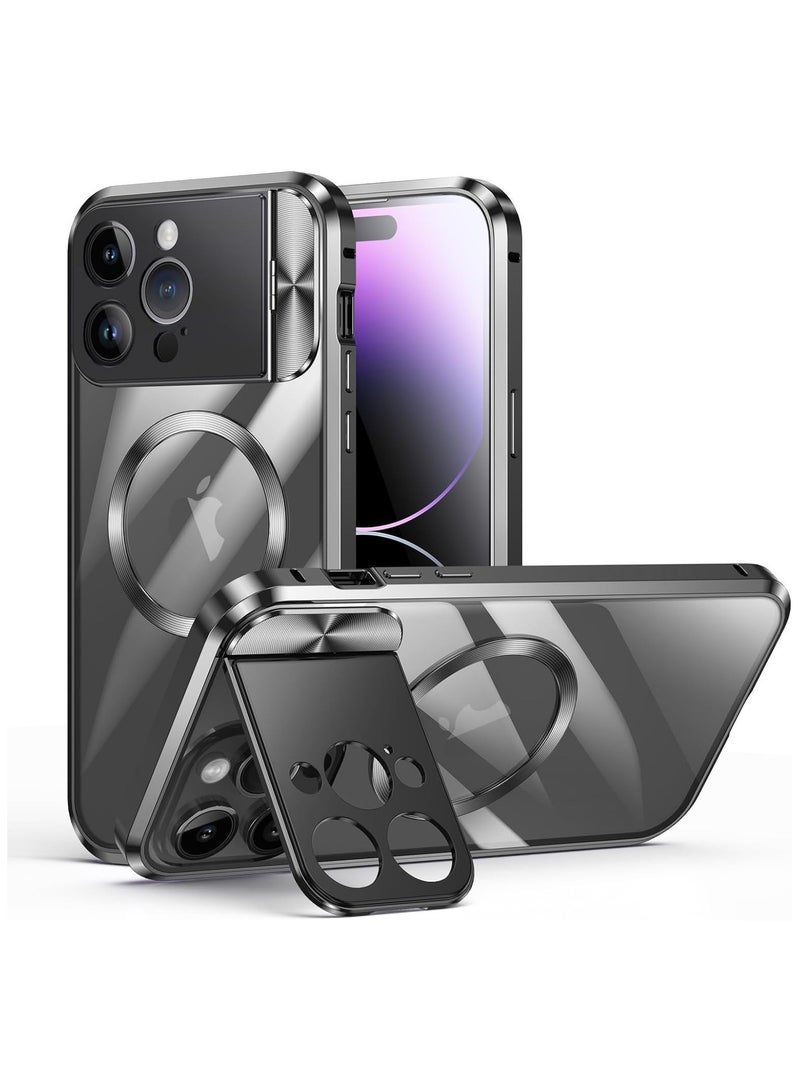 iPhone 15/15 Plus/15 Pro/15 Pro Max Large Window Aluminium Alloy Bezel Magnetic Case PC High Transparency Back Cover Case with Flip Flop Foldable Transparent Lens Holder Phone Case