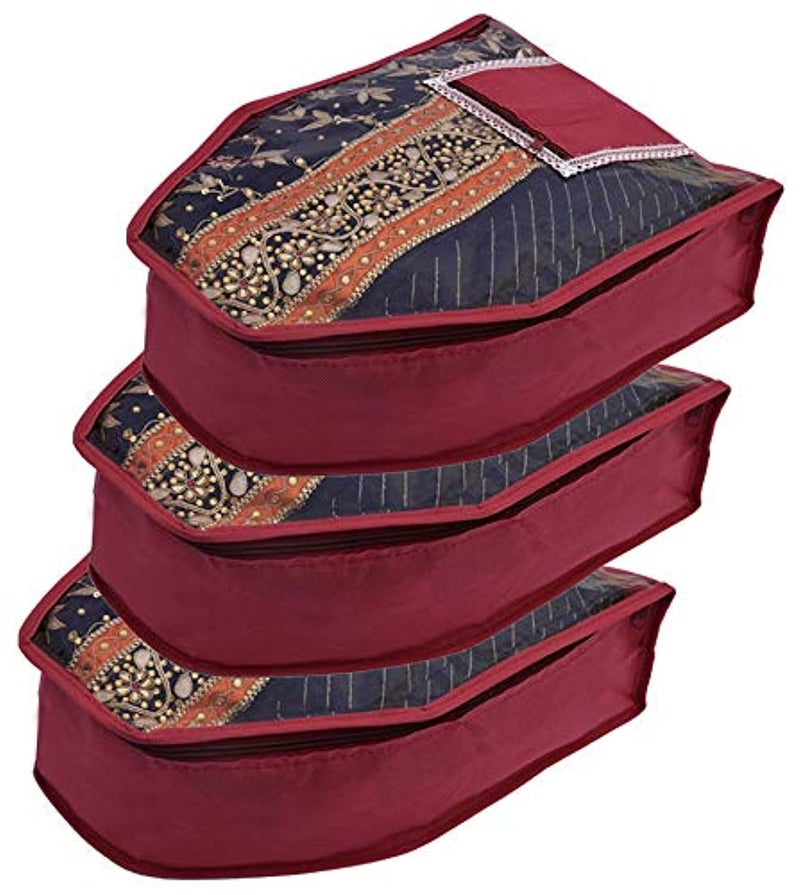 Kuber Industries 3 Piece Non Woven Blouse Cover with Front Transparent Window with Attached Pocket Set (Maroon) - Image 1