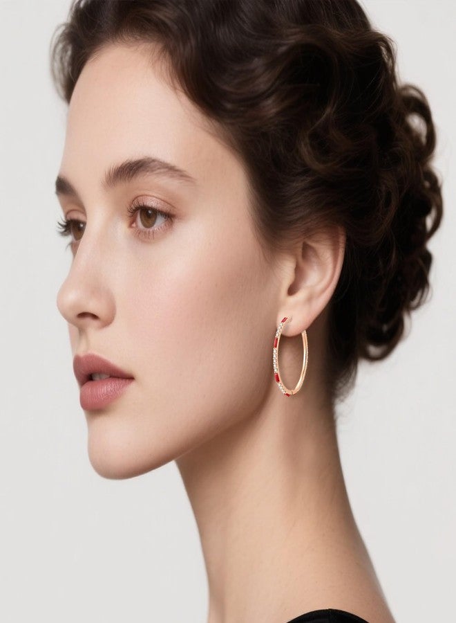 EVEVIC Austrian Crystal Lightweight Rose Gold Hoop Earrings for Women Trendy 14K Gold Plated Hoops Earring Jewelry Gift (Red) - Image 2