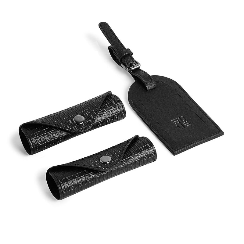 EUME Luggage Accessory Kit for Luggage| Premium Vegan Leather | 1 Luggage Tag and 2 Handle Cover Comes with Vegan Leather Sling Pouch - Black - Image 1