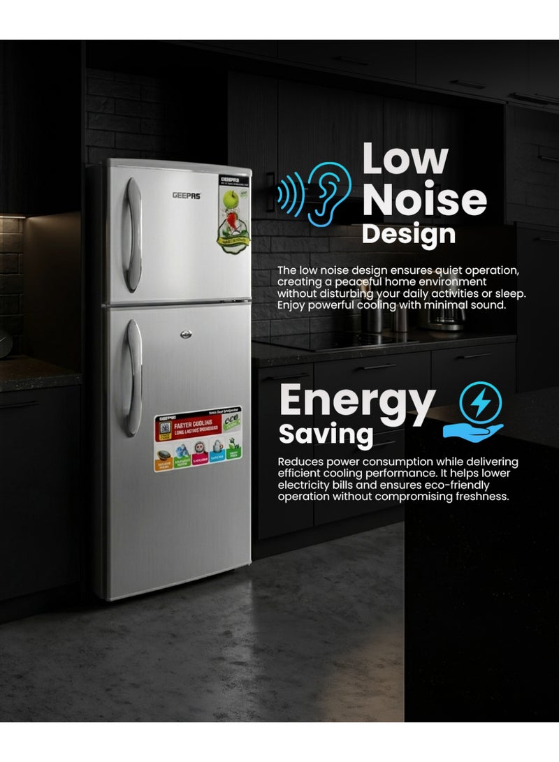 GEEPAS 190 L Gross/ 132L Net Capacity, Double Door Refrigerator | Durable Double Door Refrigerator, Fast Cooling & Preserves Freshness | Low Noise, Energy Efficient, In-Built Deodorizer, Tempered Glass Shelves | Freezer Capacity-34 L | 190 L 120 W GRF1856SPN Silver - Image 5