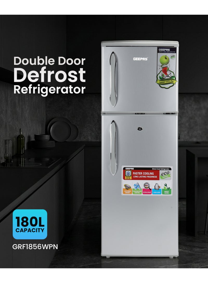 GEEPAS 190 L Gross/ 132L Net Capacity, Double Door Refrigerator | Durable Double Door Refrigerator, Fast Cooling & Preserves Freshness | Low Noise, Energy Efficient, In-Built Deodorizer, Tempered Glass Shelves | Freezer Capacity-34 L | 190 L 120 W GRF1856SPN Silver - Image 2