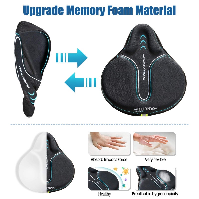 Sanctus Bike Seat Cushion Cover Memory Foam, Large Wide Bicycle Saddle Soft for Men Women, Comfort Exercise Cycle Seats Cover Padded Fits Stationary Bikes, Cruiser, Spin, with Waterproof Cover Blue - Image 2