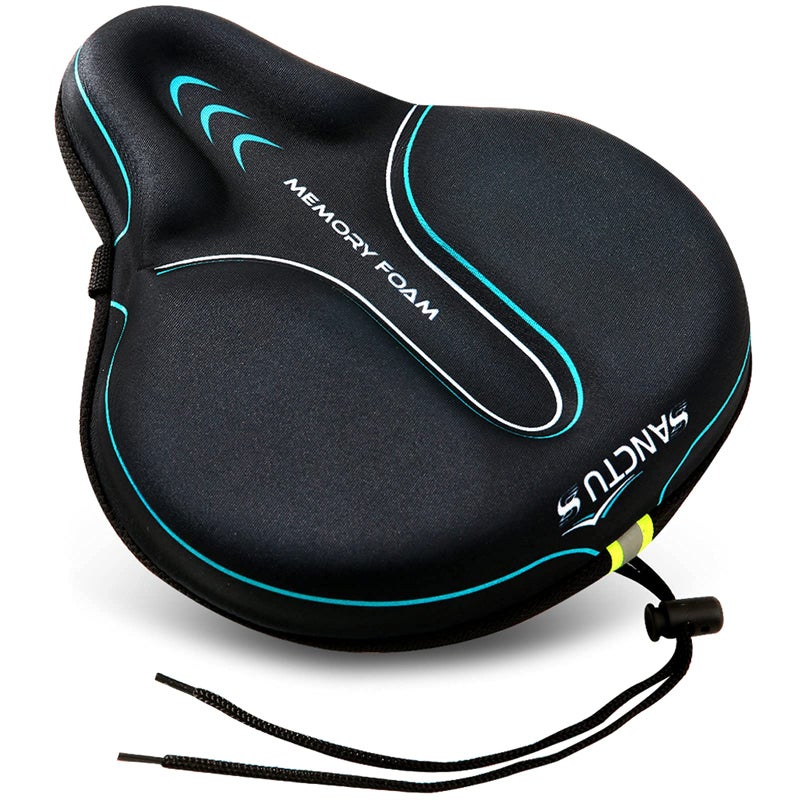 Sanctus Bike Seat Cushion Cover Memory Foam, Large Wide Bicycle Saddle Soft for Men Women, Comfort Exercise Cycle Seats Cover Padded Fits Stationary Bikes, Cruiser, Spin, with Waterproof Cover Blue - Image 1