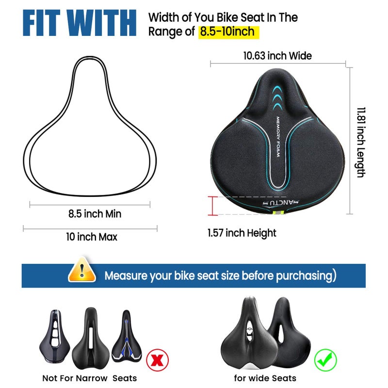 Sanctus Bike Seat Cushion Cover Memory Foam, Large Wide Bicycle Saddle Soft for Men Women, Comfort Exercise Cycle Seats Cover Padded Fits Stationary Bikes, Cruiser, Spin, with Waterproof Cover Blue - Image 3