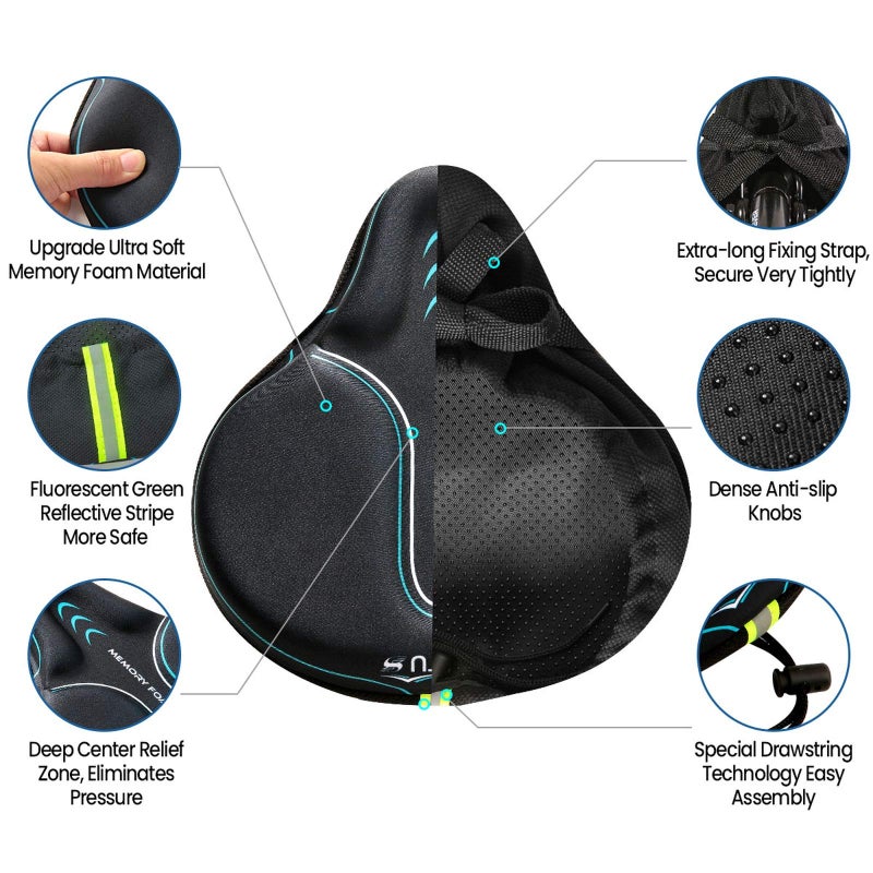 Sanctus Bike Seat Cushion Cover Memory Foam, Large Wide Bicycle Saddle Soft for Men Women, Comfort Exercise Cycle Seats Cover Padded Fits Stationary Bikes, Cruiser, Spin, with Waterproof Cover Blue - Image 4