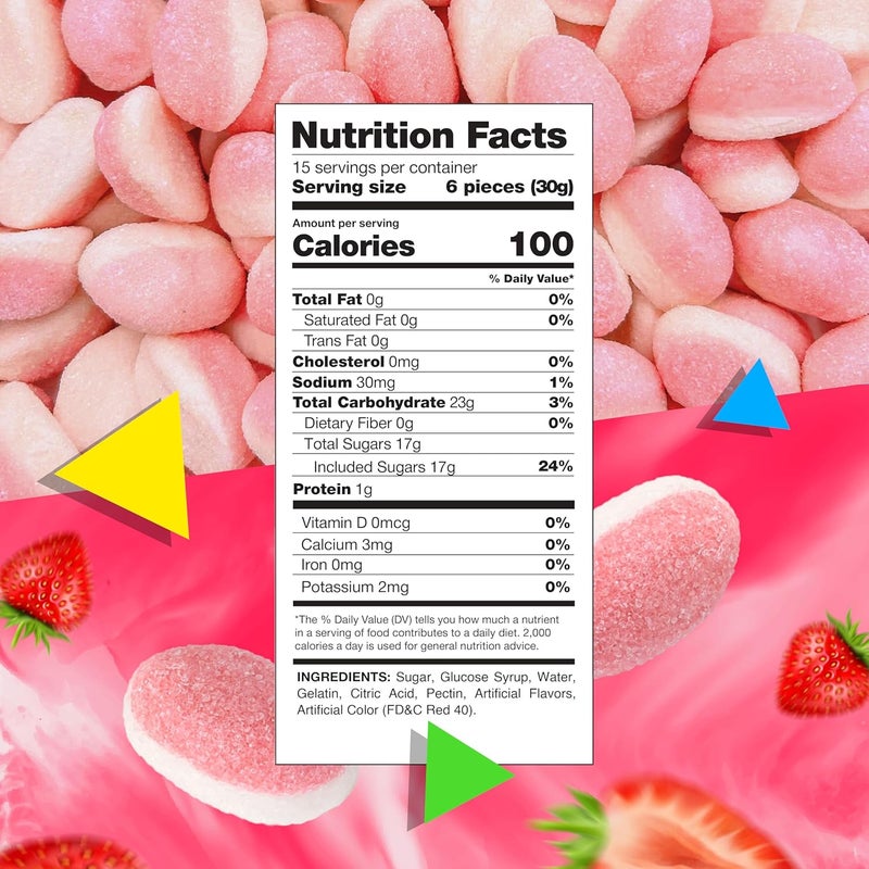 LAETAFOOD Strawberry Drops Puffy Gummies - 1 Pound Bag of Soft and Chewy Pink Treats - Image 2