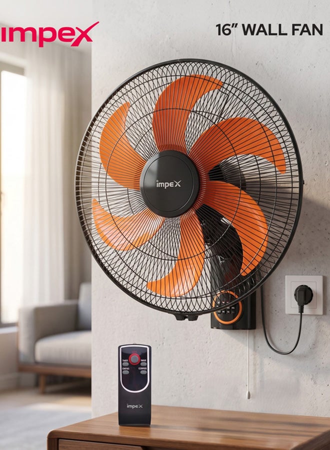16" Fan 3-Speed Wall Fan With Remote Control, Wall Mounted Fan, Auto Protection, 6 Blades, 7 Hours Timer, Horizontal Oscillation 60W, Energy-Efficient, 2 Year Warranty - WF 7503, Multicolour 60 W WF 7503 Multicolour