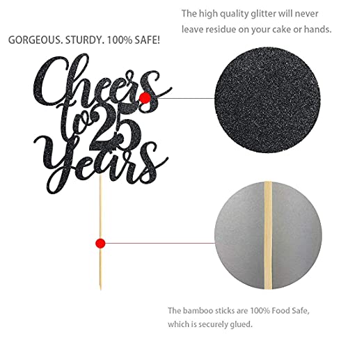 Festiko®25 Black Glitter Happy 25th Birthday Cake Topper, Cheers to 25 Years Party Cake Topper Decorations, Supplies - Image 2