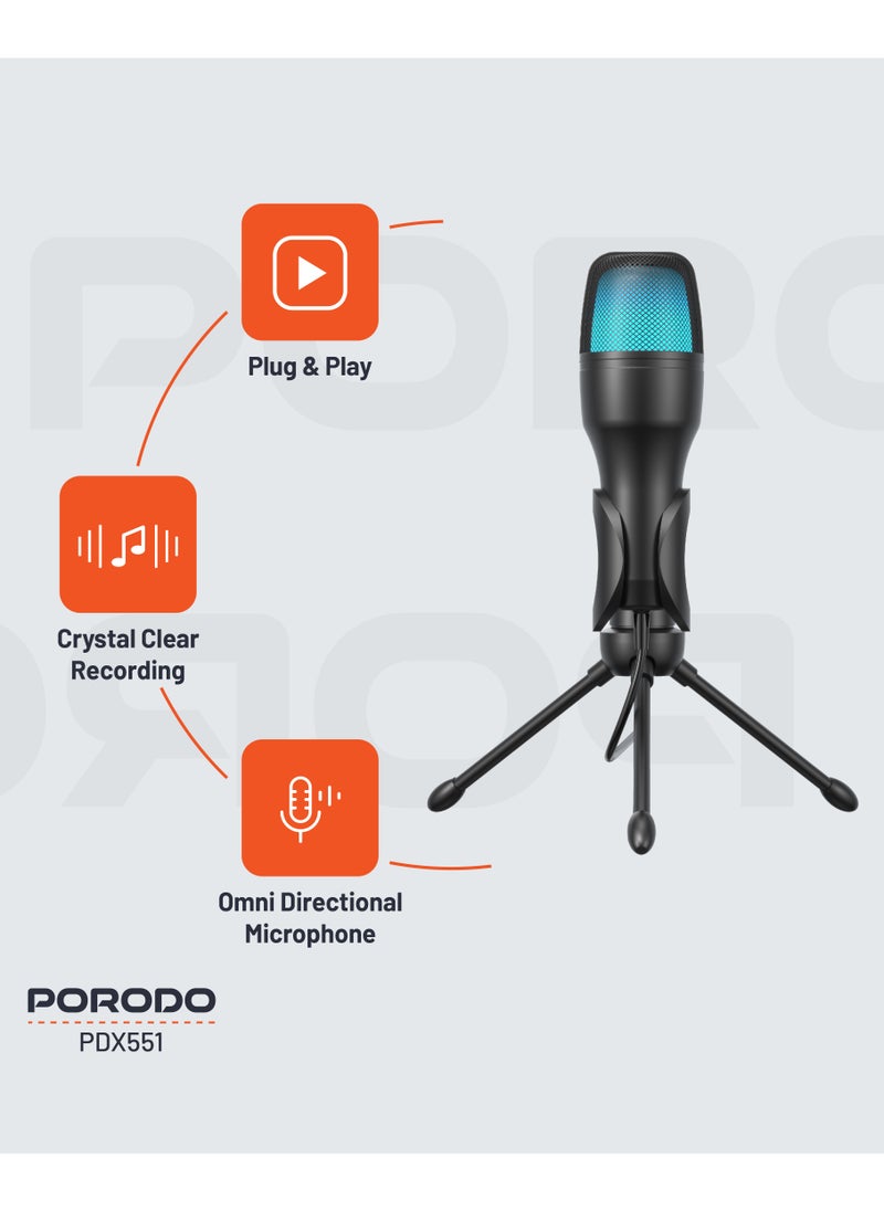 porodo USB Condenser Microphone with RGB Lights and Desk Tripod Stand / 1.5M Cable / Plug & Play / Streaming / Podcasting / Recording / Crystal Clear Recording - Black  - Image 2