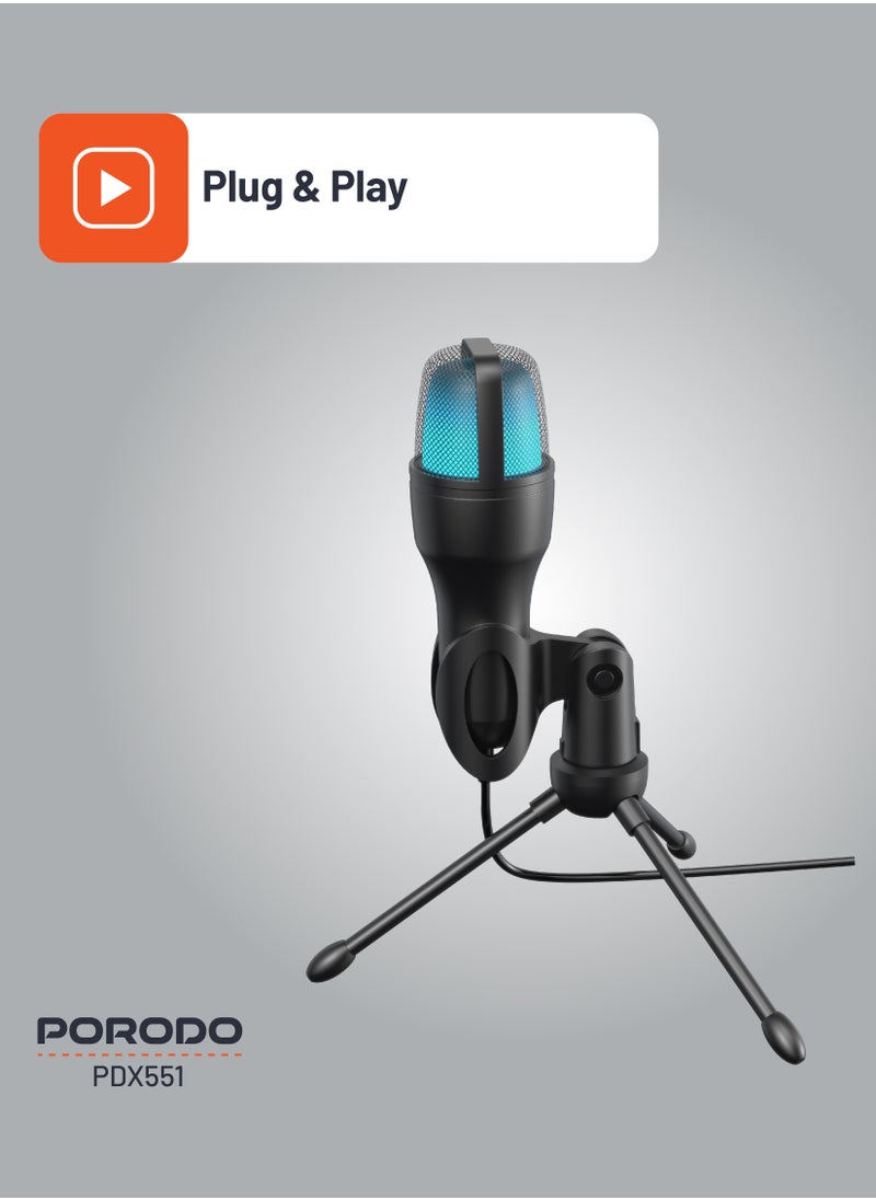 porodo USB Condenser Microphone with RGB Lights and Desk Tripod Stand / 1.5M Cable / Plug & Play / Streaming / Podcasting / Recording / Crystal Clear Recording - Black  - Image 3