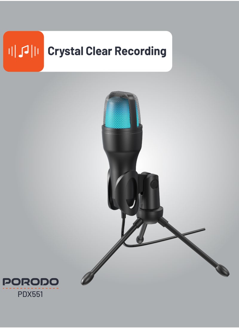 porodo USB Condenser Microphone with RGB Lights and Desk Tripod Stand / 1.5M Cable / Plug & Play / Streaming / Podcasting / Recording / Crystal Clear Recording - Black  - Image 4
