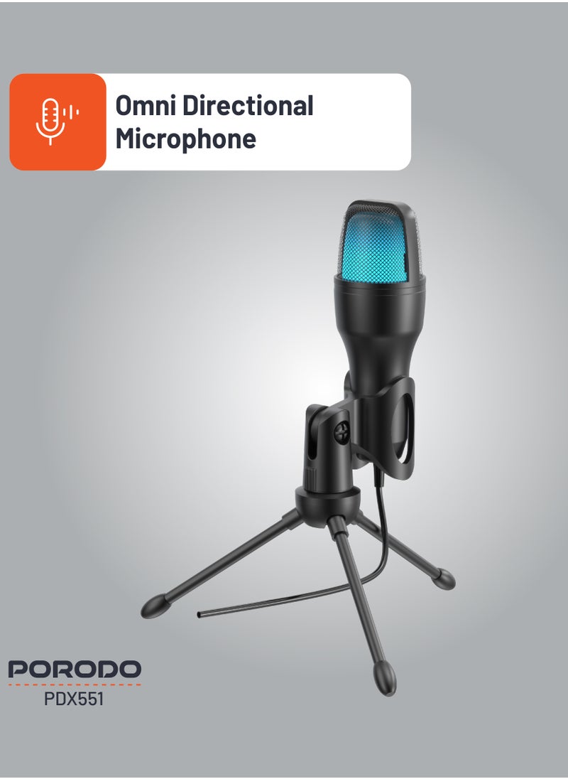 porodo USB Condenser Microphone with RGB Lights and Desk Tripod Stand / 1.5M Cable / Plug & Play / Streaming / Podcasting / Recording / Crystal Clear Recording - Black  - Image 5