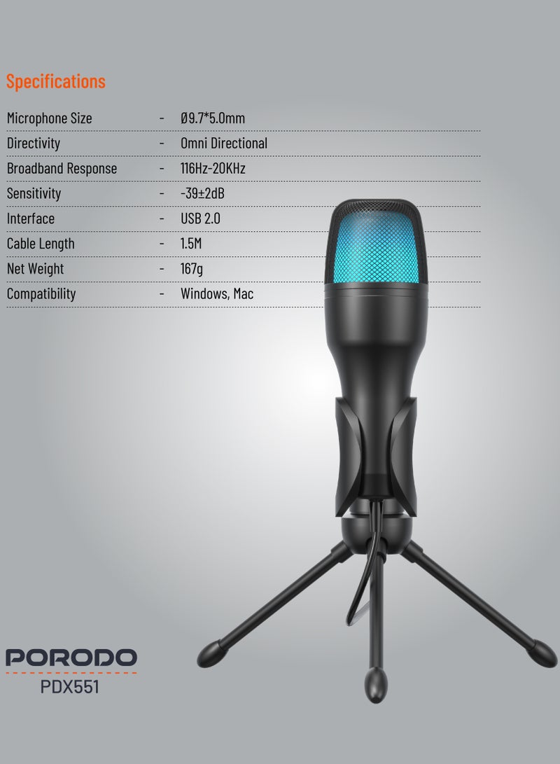 USB Condenser Microphone with RGB Lights and Desk Tripod Stand / 1.5M Cable / Plug & Play / Streaming / Podcasting / Recording / Crystal Clear Recording - Black