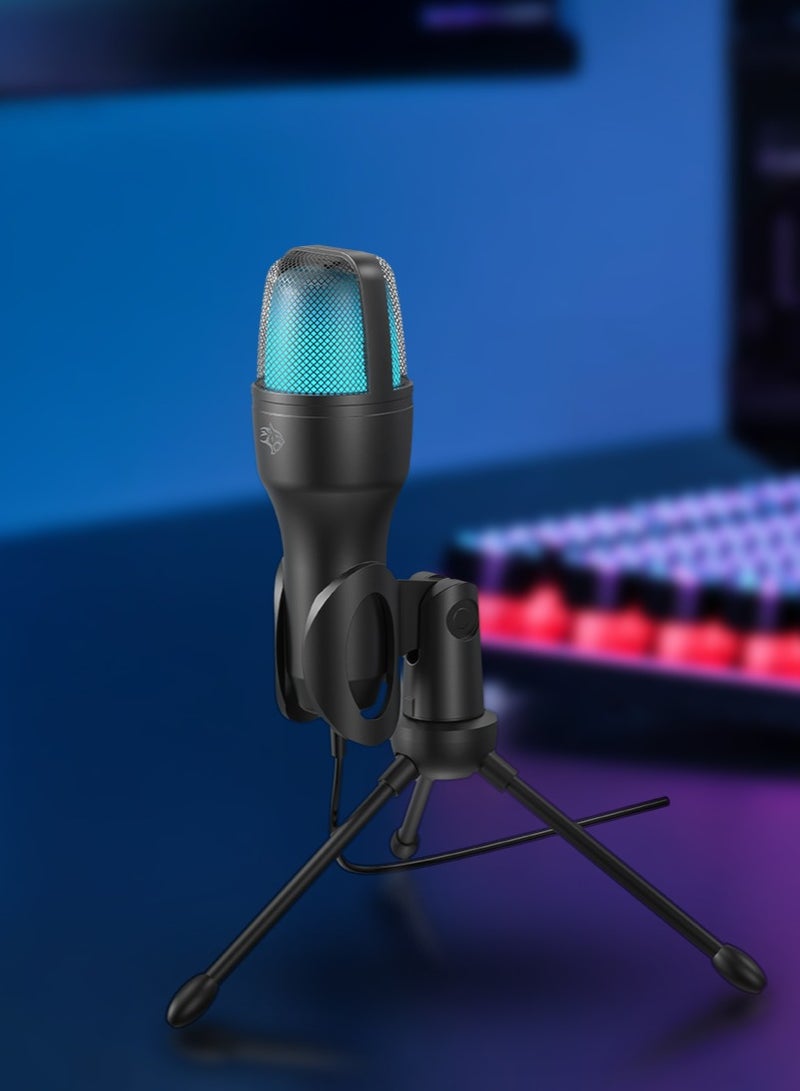 USB Condenser Microphone with RGB Lights and Desk Tripod Stand / 1.5M Cable / Plug & Play / Streaming / Podcasting / Recording / Crystal Clear Recording - Black