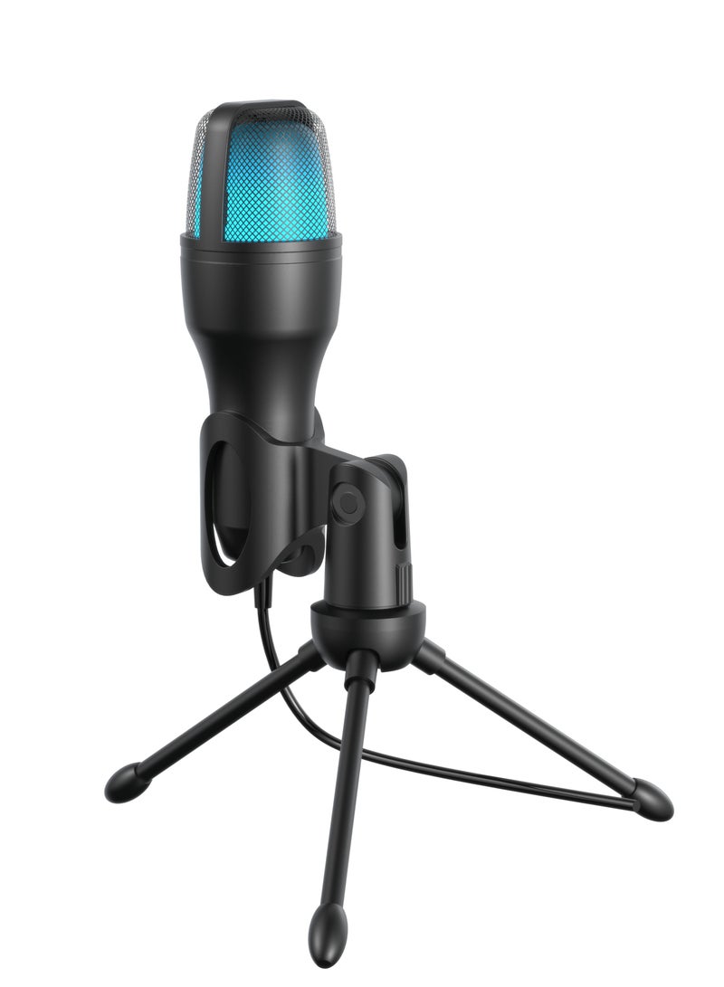 USB Condenser Microphone with RGB Lights and Desk Tripod Stand / 1.5M Cable / Plug & Play / Streaming / Podcasting / Recording / Crystal Clear Recording - Black