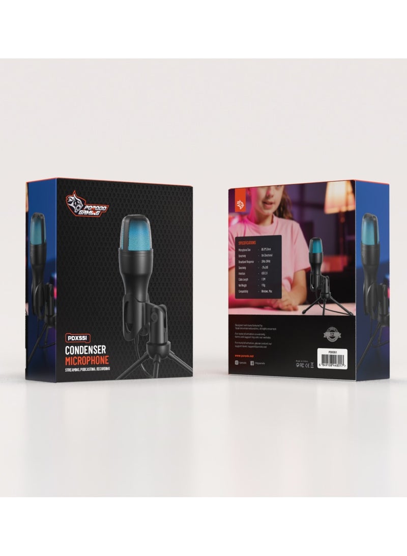 USB Condenser Microphone with RGB Lights and Desk Tripod Stand / 1.5M Cable / Plug & Play / Streaming / Podcasting / Recording / Crystal Clear Recording - Black