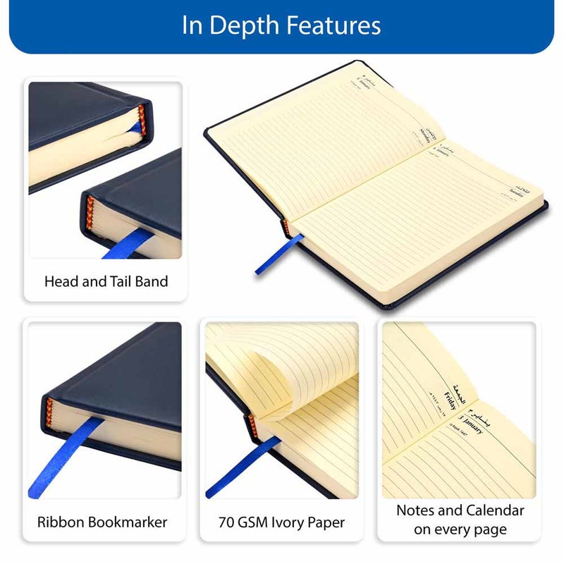 FIS مفكرة FIS 2026 A5، 148x210 مم، غلاف PU إيطالي مبطن من جانب واحد، زوايا مدورة، السبت والأحد مجتمعة، عربي/إنجليزي، ورق إيطالي عاجي 70 جرام، غلاف أزرق - FSDI94AE26BL - Image 5