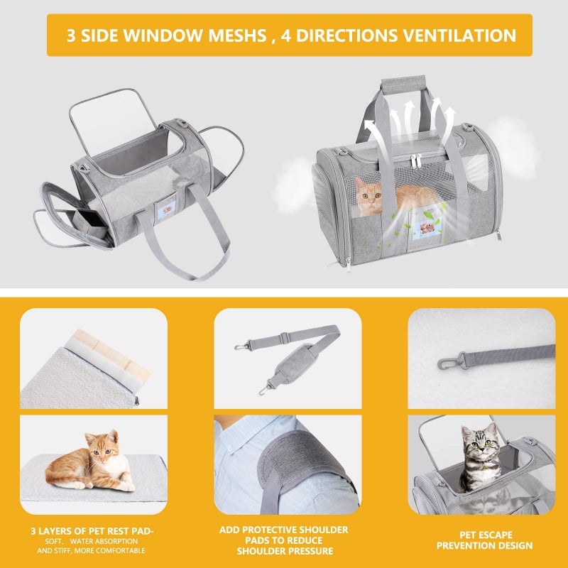 SECLATO Cat Carrier Pet Dog Carrier Airline Approved for Puppy Kitten Carriers Under 15lb, Collapsible Soft Sided TSA Approved Travel Carrier-Grey - Image 3