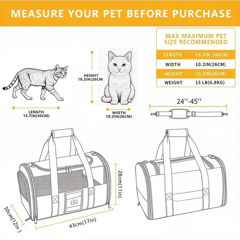 SECLATO Cat Carrier Pet Dog Carrier Airline Approved for Puppy Kitten Carriers Under 15lb, Collapsible Soft Sided TSA Approved Travel Carrier-Grey - Image 2