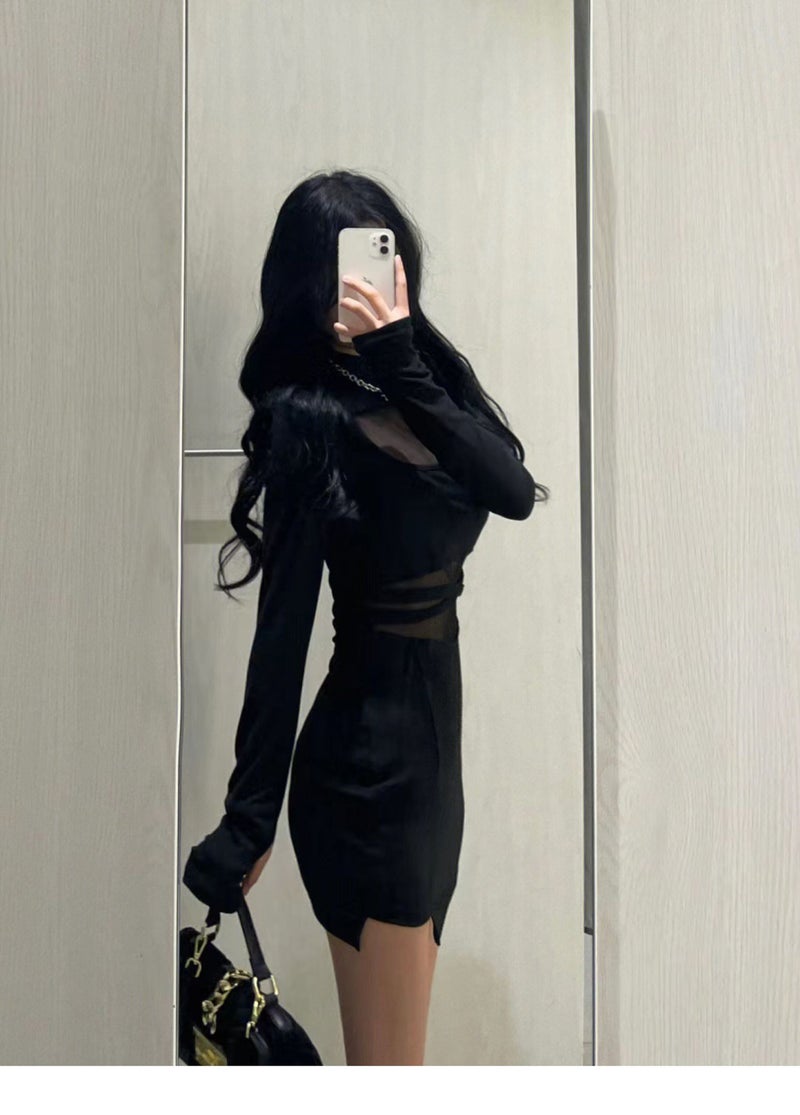 Spice Girl Style Stitching Mesh dress Womens Spring Dress Matching Coat Inner Tight Sexy Base Hip Skirt black