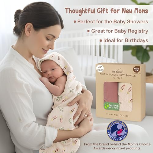 infancie 100% Organic Cotton Muslin Baby Hooded Towels 32x32 Inch – 2 Pack Soft & Absorbent Baby Hooded Towel Wrap for Boys & Girls, Premium Hooded Towels, Gentle Baby Essentials in Deep Olive/Ivory - Image 5