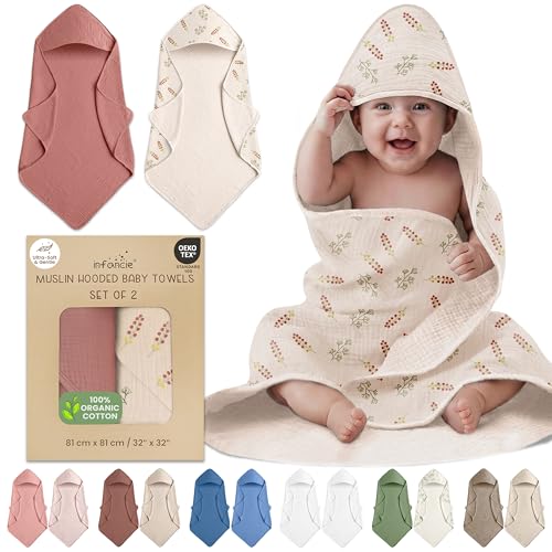 infancie 100% Organic Cotton Muslin Baby Hooded Towels 32x32 Inch – 2 Pack Soft & Absorbent Baby Hooded Towel Wrap for Boys & Girls, Premium Hooded Towels, Gentle Baby Essentials in Deep Olive/Ivory - Image 1