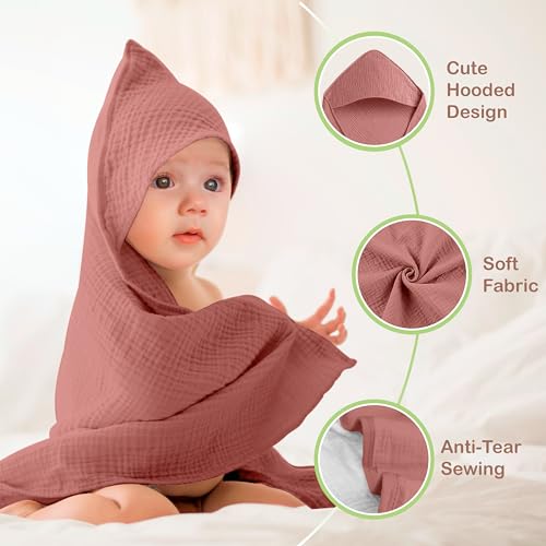 infancie 100% Organic Cotton Muslin Baby Hooded Towels 32x32 Inch – 2 Pack Soft & Absorbent Baby Hooded Towel Wrap for Boys & Girls, Premium Hooded Towels, Gentle Baby Essentials in Deep Olive/Ivory - Image 4