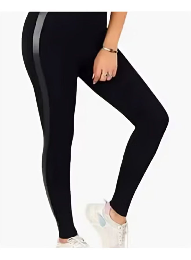 Women's High Waist Sports Leggings for Workout, Gym, Yoga, Running & Fitness, Soft Stretch Cotton Lycra Activewear Pants, Breathable Sweat Absorbing Slim Fit Full Length Athletic Leggings, Everyday Casual Wear, Black, Fits Up to 70 KG - 005 - Image 2