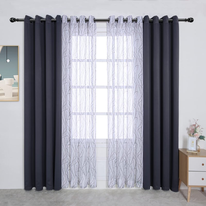 BONZER Mix and Match Curtains  2 Pieces Branch Print Sheer Curtains and 2 Pieces Blackout Curtains for Bedroom Living Room Grommet Window Drapes 54x63 InchPanel Grey Dark Set of 4 Panels