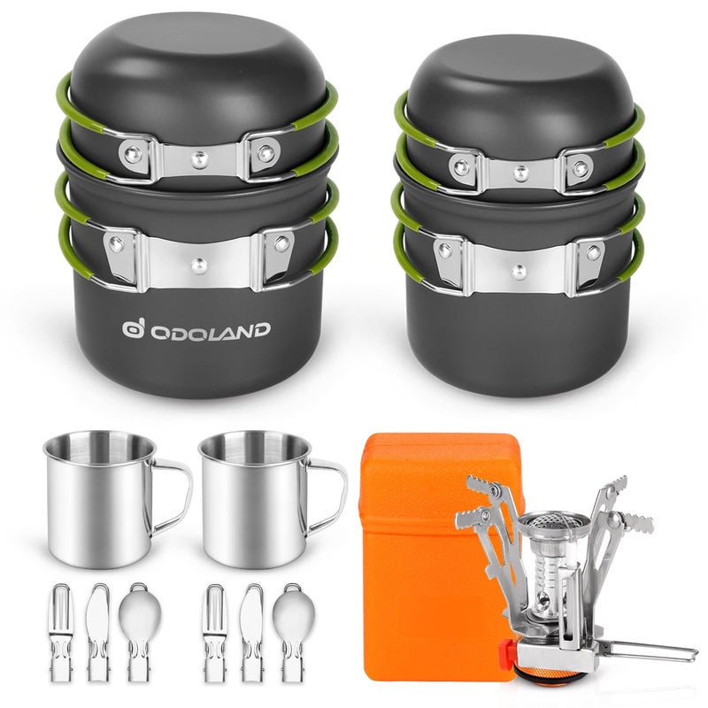 Odoland 16pcs Camping Cookware Mess Kit, Lightweight Pot Pan Mini Stove with 2 Cups, Fork Spoon Kits for Backpacking, Outdoor Camping Hiking and Picnic - Image 1