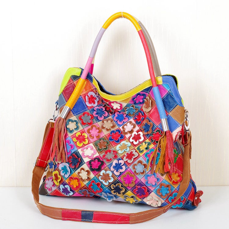 Best Selling Leather Women'S Bags Colorful Color Contrast Handmade Flower Personality Ladies Shoulder Slung Leather Bags - Image 1