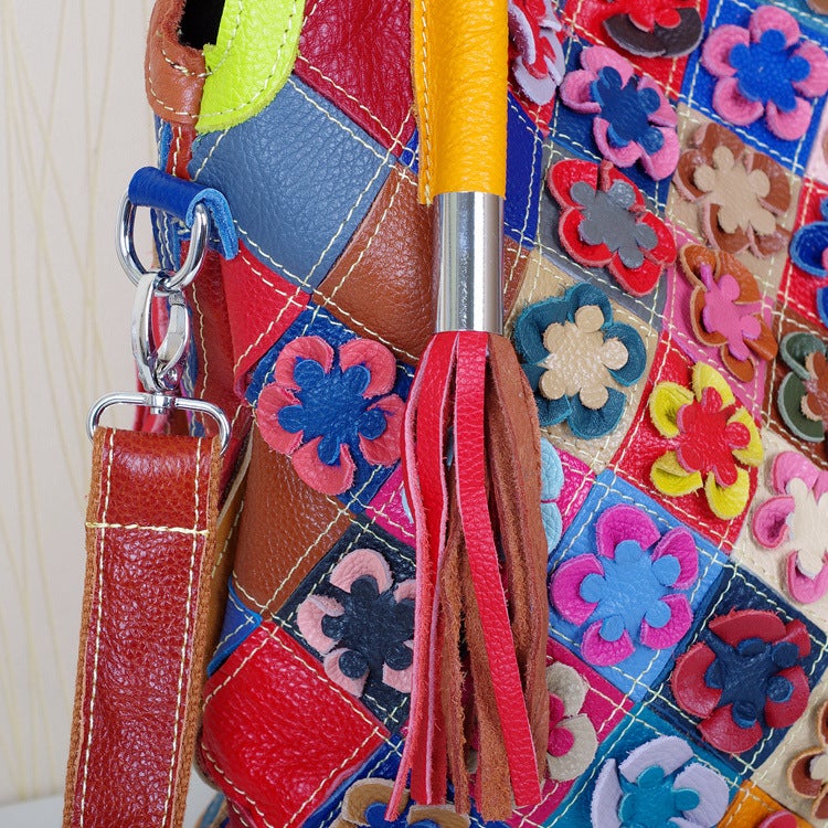 Best Selling Leather Women'S Bags Colorful Color Contrast Handmade Flower Personality Ladies Shoulder Slung Leather Bags - Image 5
