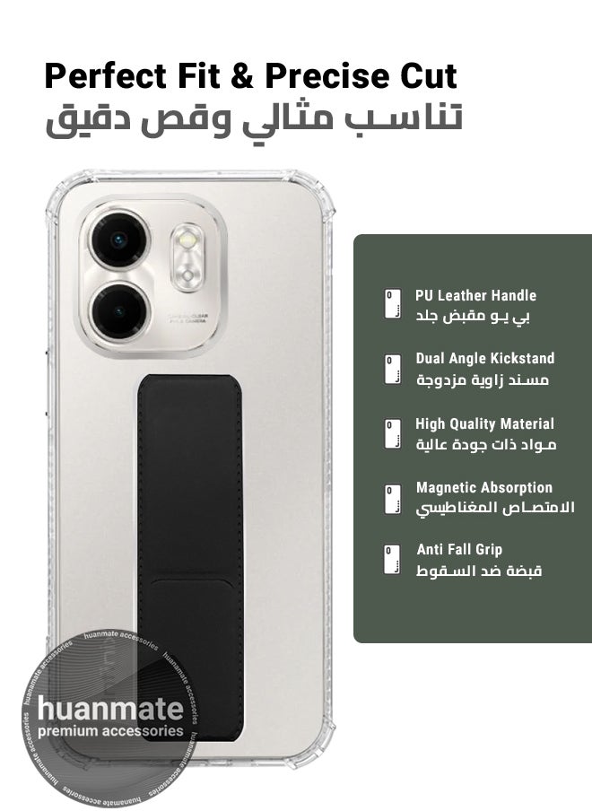 هووانميت حافظة لهاتف إنفينيكس سمارت 9، حافظة مغناطيسية ممتازة مع حامل مقبض يدوي ومسند - غطاء أنيق وعملي لقبضة معززة وراحة مطلقة وتجربة مشاهدة بدون استخدام اليدين - شفاف/أسود  - Image 2