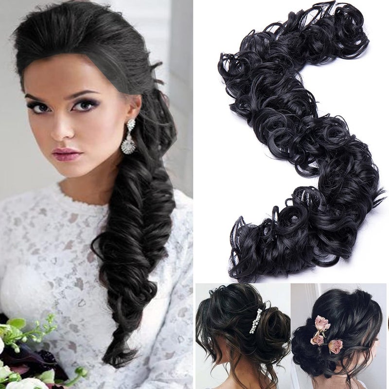 Long Bun Maker DIY Ponytail Extensions Synthetic Hair Tousled Updo Fluffy Chignon Wrap Around Scrunchies Band in Black