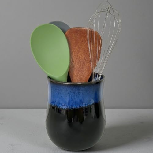 Rhobtyne Medium Ceramic Kitchen Utensil Holder for Kitchen Counter Short Cooking Utensil Holder for Countertop Spatula Holder Small Utensil Crock Cutlery Holder Silverware Caddy Flower Vase (Retro Sapphire) - Image 1