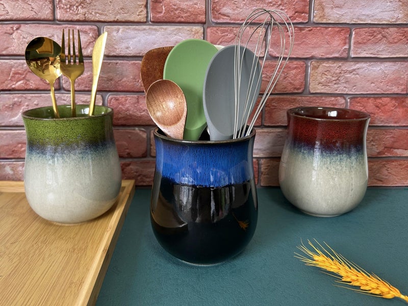 Rhobtyne Medium Ceramic Kitchen Utensil Holder for Kitchen Counter Short Cooking Utensil Holder for Countertop Spatula Holder Small Utensil Crock Cutlery Holder Silverware Caddy Flower Vase (Retro Sapphire) - Image 2
