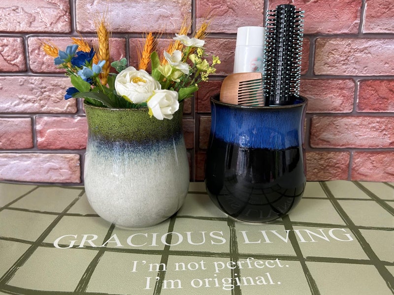 Rhobtyne Medium Ceramic Kitchen Utensil Holder for Kitchen Counter Short Cooking Utensil Holder for Countertop Spatula Holder Small Utensil Crock Cutlery Holder Silverware Caddy Flower Vase (Retro Sapphire) - Image 3