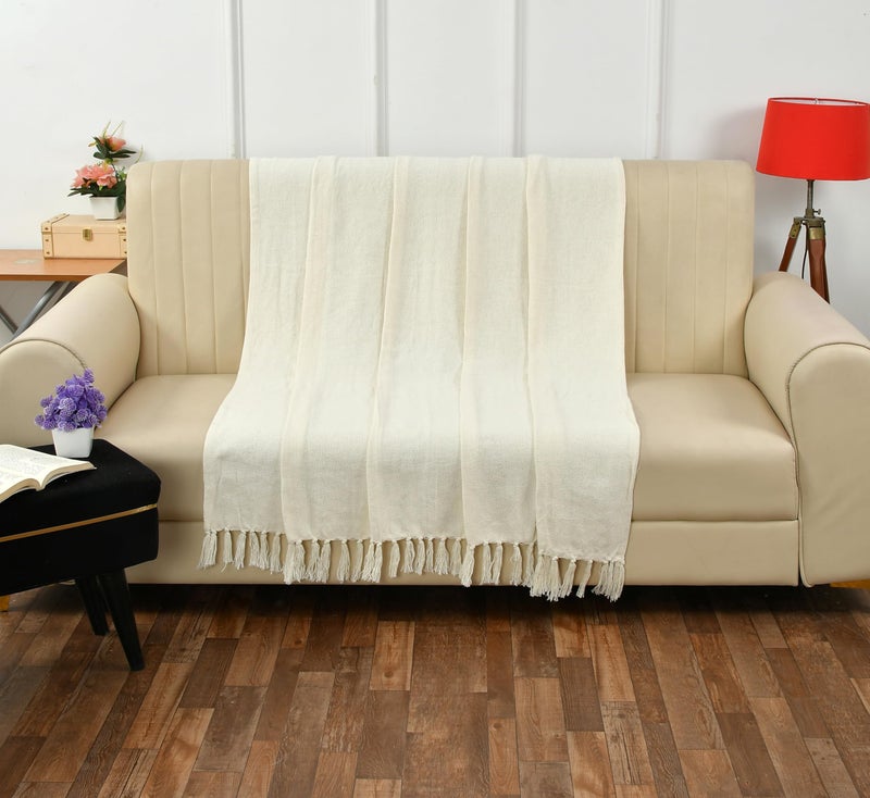 SASHAA WORLD Solid White Cotton Throw for Sofa | Ultra-Soft & Cozy Blanket | 100% Cotton | Decorative Fringed Couch Cover | 125 x 150 cm | Machine Washable - Image 2