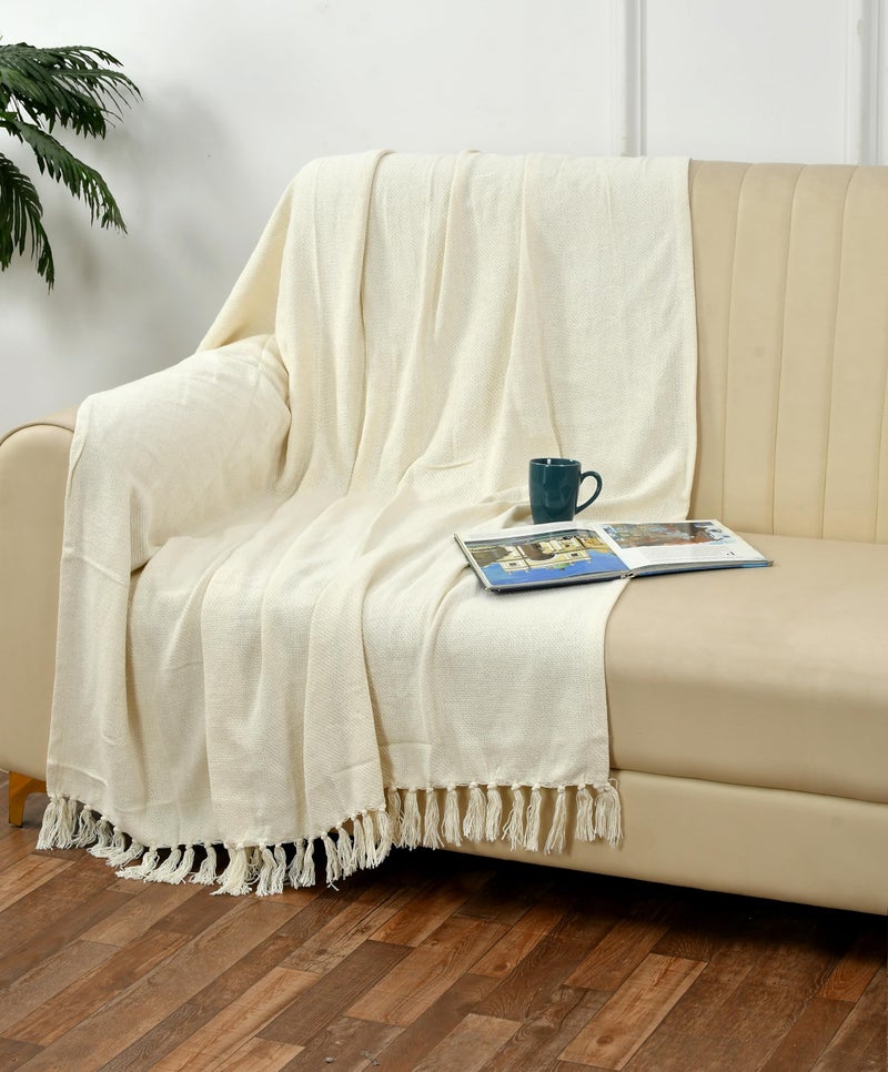 SASHAA WORLD Solid White Cotton Throw for Sofa | Ultra-Soft & Cozy Blanket | 100% Cotton | Decorative Fringed Couch Cover | 125 x 150 cm | Machine Washable - Image 1