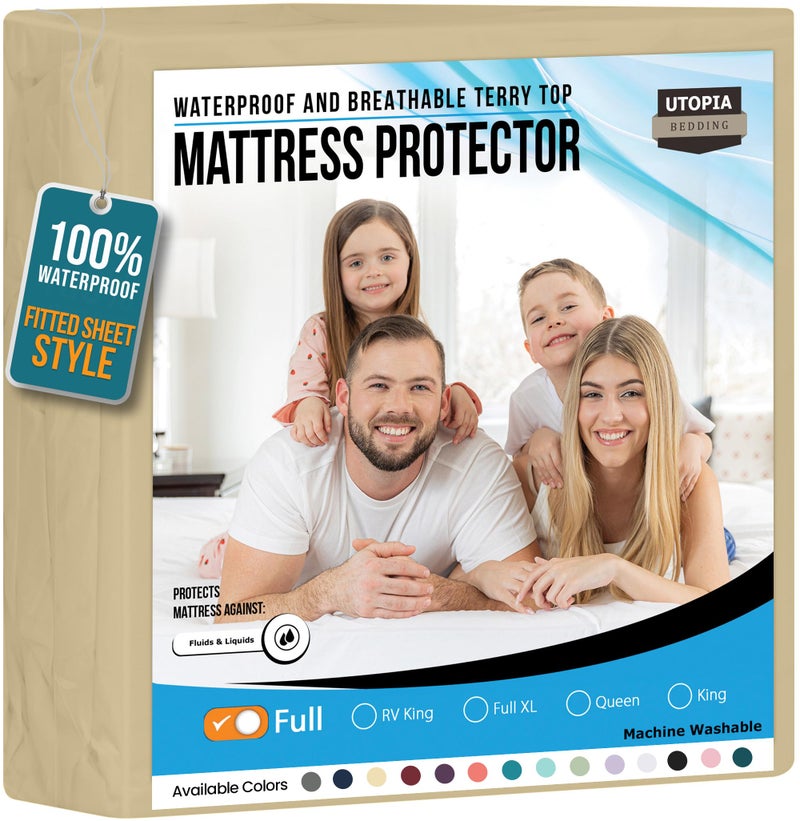 Utopia Bedding Waterproof Mattress Protector Full Size, Premium Terry Mattress Cover 200 GSM, Breathable, Fitted Style with Stretchable Pockets (Beige) - Image 1